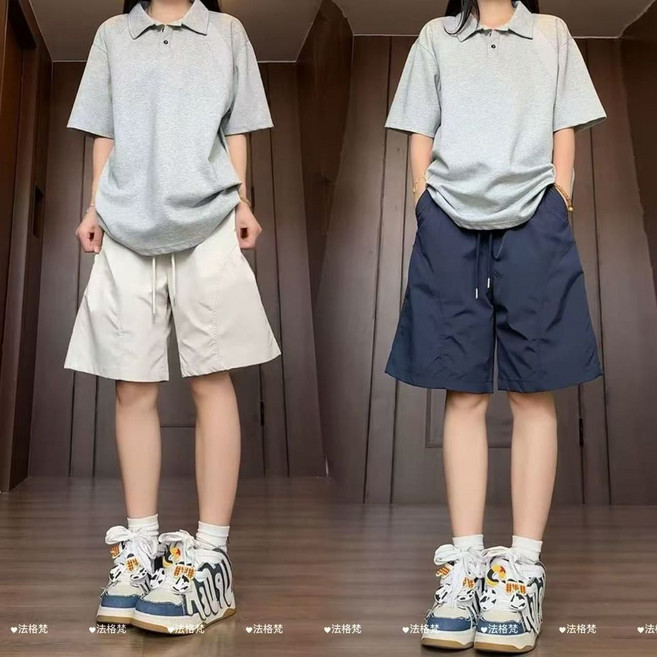 男女款速乾運動休閒五分褲, 1個, 米白色+藏青色（2件裝）2XL（150-170斤）