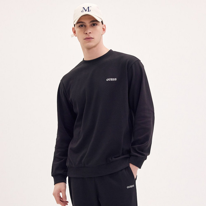 게스언더웨어 자수로고 남성 맨투맨 - 블랙