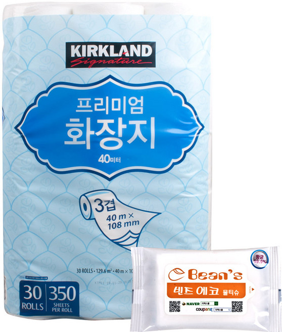 커클랜드 프리미엄 화장지 3겹 롤화장지 30롤 x1팩 + 빈즈물티슈10매, 30개입, 1개