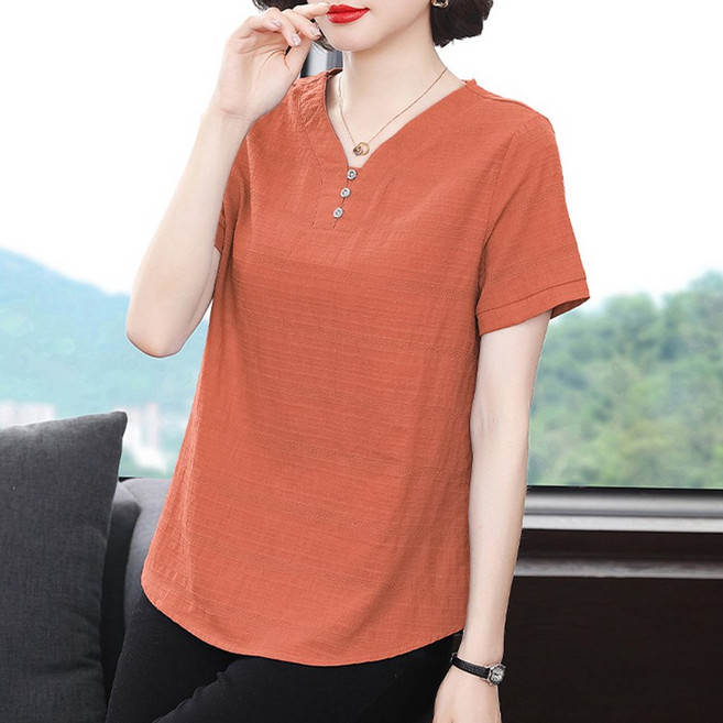 스타일아유 면마 반팔 블라우스 여성 루즈핏 빅사이즈 순면 캐주얼 브이넥 상의 TS2648
