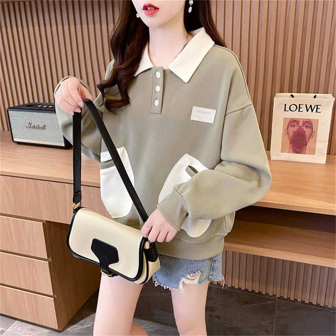 TKX 여성 가을 클래식 카라넥 버튼 포켓 스웨트셔츠 캐주얼 스타일 귀여운 맨투맨 오버핏 MC69