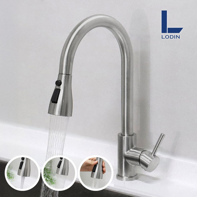 로딘 토네이도 3WAY 스텐 거위목 씽크대 주방수전 무광 수도꼭지 ODIN-261A, 1개