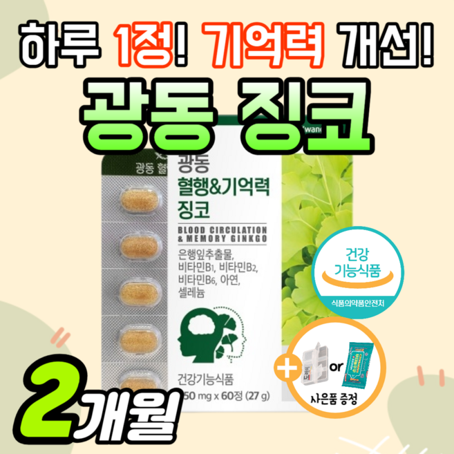 기억력 감퇴 혈행 개선 광동 징코 부모님 선물 영양제 혈관 뇌 손발 다리 건강 정맥 순환 혈액 수험생 집중력 성장기 어린이 인지력 은행잎추출물 약1달 남성 여성 먹는 도레미 사은품, 60정, 1세트