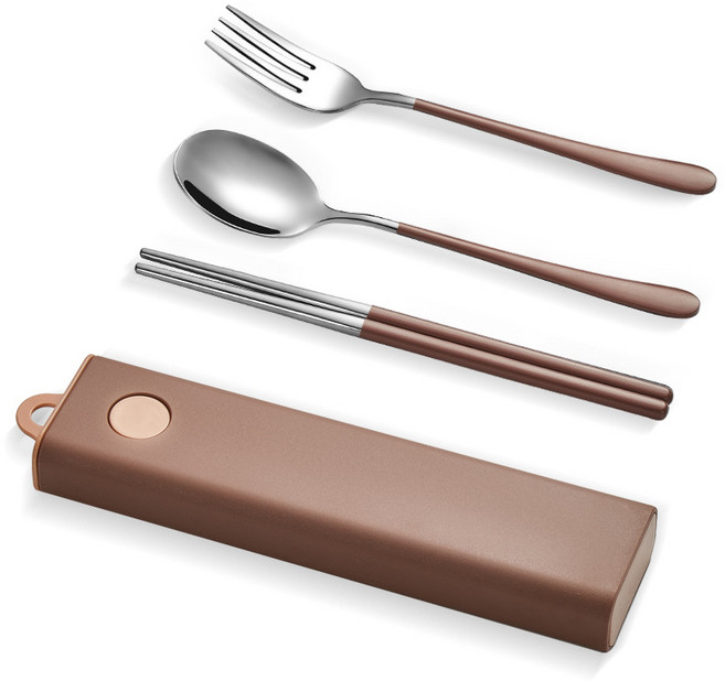 304不鏽鋼 靜音設計 抽拉式, 棕餐具+棕盒, 1套, 筷子、湯匙、叉子