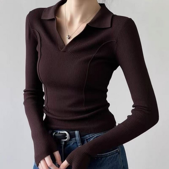 COSYEVNO 여성 봄가을 슬림핏 골지 니트 카라 긴팔 티셔츠 LFHtx-1