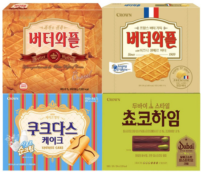 버터와플 316g+이즈니 생메르 버터 316g+두바이쵸코하임 284g+쿠크다스케이크 154g (총 4개)