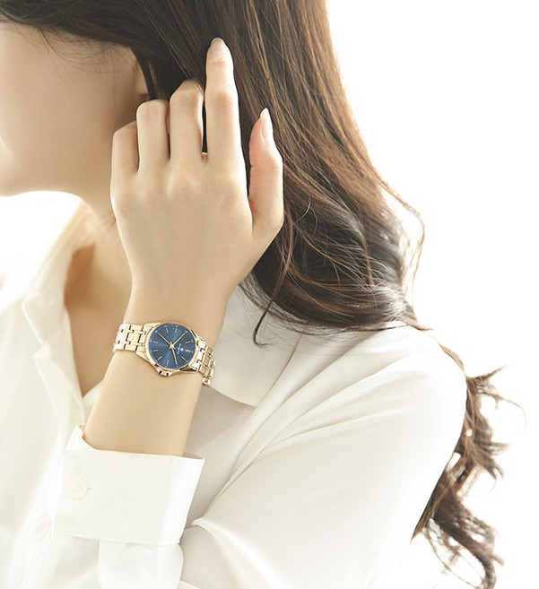 OST BEST MD 블루 라운드 로즈골드 여성용 메탈 시계