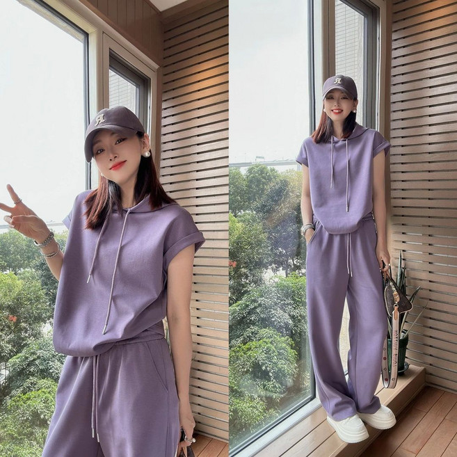 여성 여름 후드 반팔 트레이닝 세트 루즈핏 캐주얼 와이드 운동바지 셋업