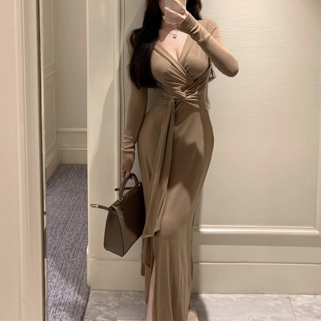 글램디브 레프아 브이넥 꼬임 랩 롱원피스 AG0245