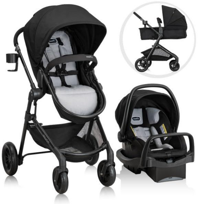 라이트맥스 유아용 카시트가 장착된 이븐플로 피벗 모듈형 여행 시스템(옥스퍼드 블랙)