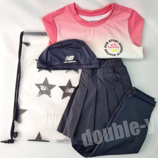 [국내매장판] 뉴발란스키즈 여아 어린이 치마 래쉬가드 세트 물결 핑크