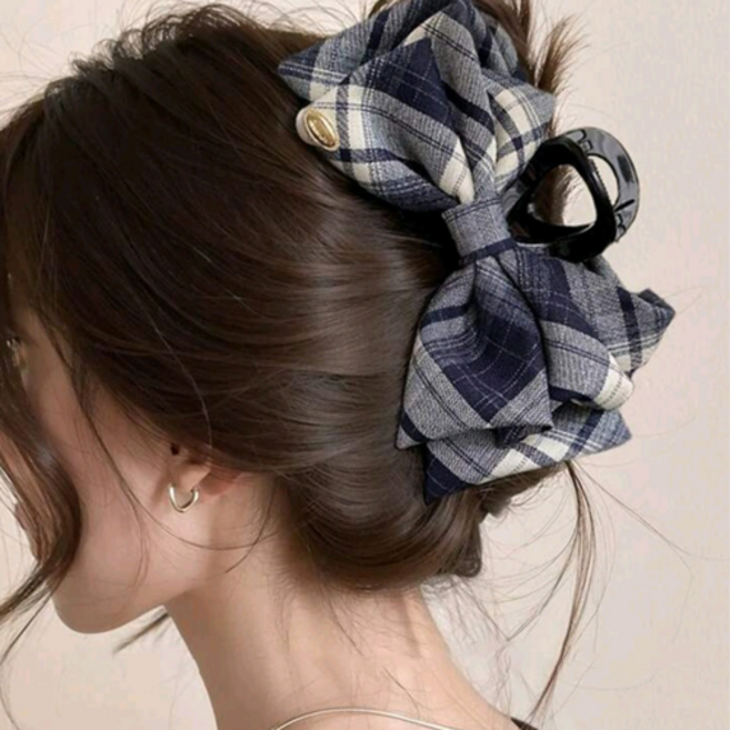 체크빅리본올림머리집게핀