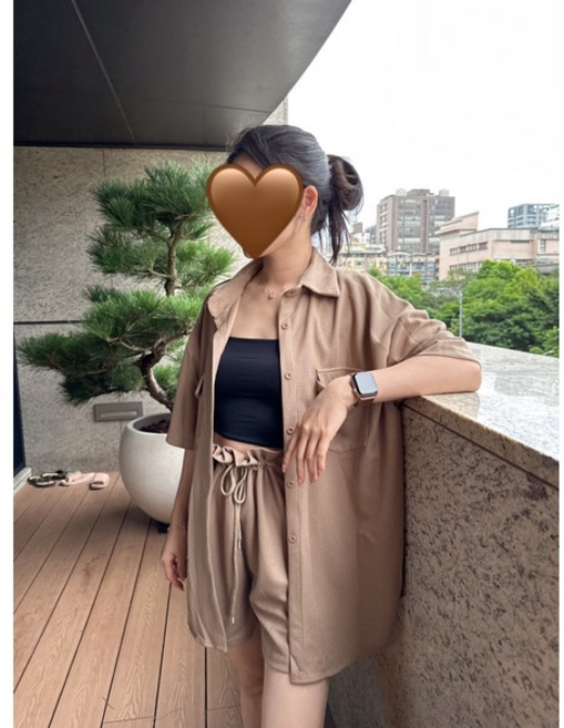 JinG 華夫格翻領短袖襯衫高腰花苞短褲套裝