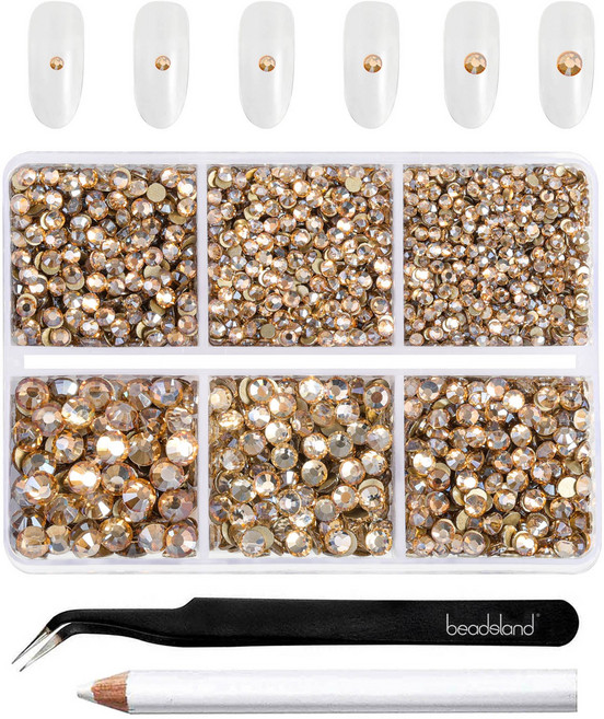 Beadsland(비즈랜드) 플랫백 라인석 유리 라인석 네일 보석 공예용 원형 라인석 혼합 크기 키트 SS6-SS20, 4300개, 황금그림자
