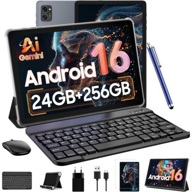 태블릿 2026 최신 안드로이드 16 10인치 24GB 램 256GB 저장공간 (2TB 확장 가능) 옥타코어 제미니 AI 탑재 와이드바인 L1 5000mAh 배터리 키보드 마우, TABWEE 회색