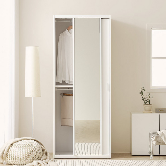 아씨방가구 모던 빅 원룸 수납 슬라이딩 전신거울 행거 옷장 800, 행거옷장 화이트