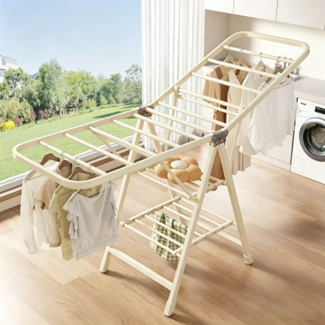 多功能折疊晾衣架, 奶白170cm三層