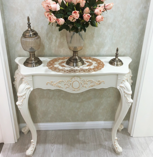 [벨루아] 콘솔 장식장 엔틱 미니 복도 테이블 폭좁은 프렌치 빈티지 인테리어 선반, 01화이트실버60cm