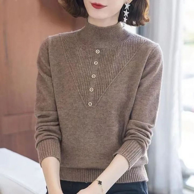 가을 겨울 중년 여성 반폴라 니트 티셔츠 빅사이즈 루즈핏 엄마복 반폴라티 슬림핏 니트 스웨터 LCC