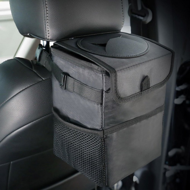 뚜껑 및 방수 보관 가방이 포함된 3 in 1 자동차 쓰레기통 - 자동차 SUV 트럭용 누출 방지 다용도 정리함 전면/후면/콘솔, Black, 1개