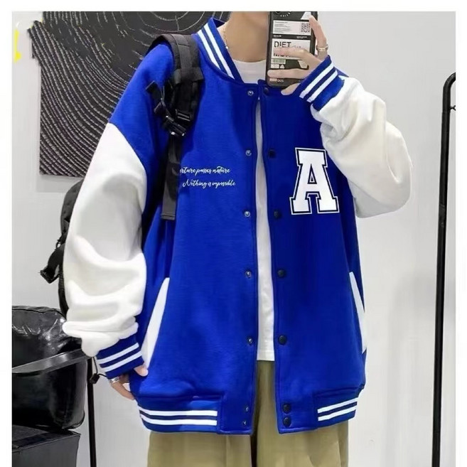 美式街頭撞色拼接字母棒球外套