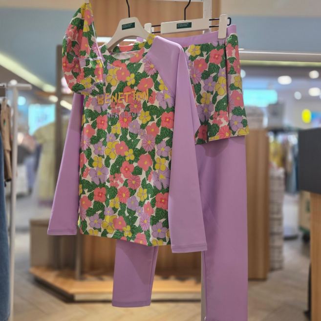 [아동/베네통키즈] 주니어 아동 여아 생존 수영 수영복 래쉬가드 세트 패턴 래쉬가드 + 치마워터레깅스 + 수영모 3종 세트