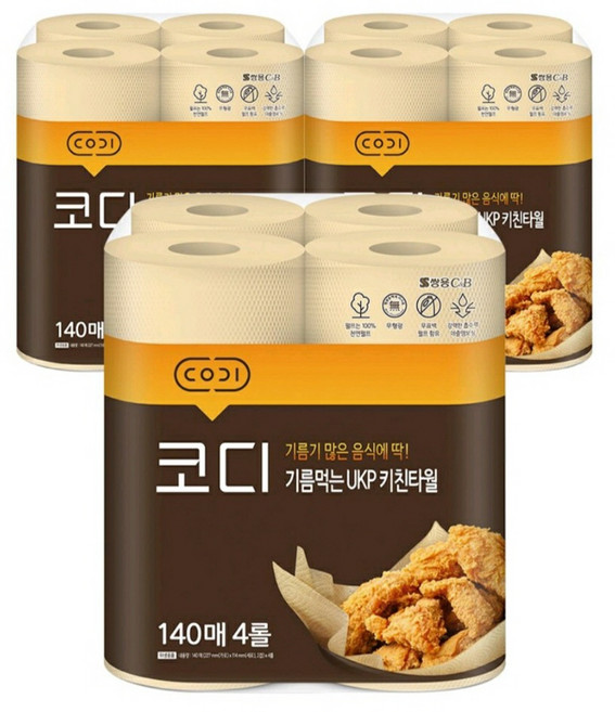코디 아름드리 기름먹는 천연펄프 키친타올 140매, 4롤, 3개