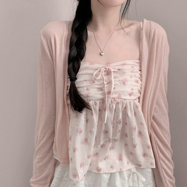 라라홀리 러블리 플로럴 쉬폰 셔링 리본 끈나시 가디건 세트