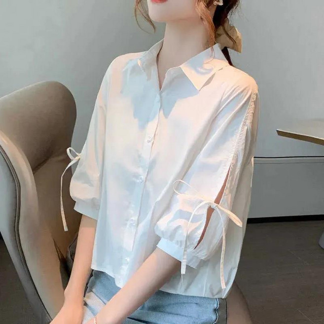 中袖襯衫女夏季時尚洋氣新款寬鬆透氣上衣五分燈籠袖襯衣女短袖衫