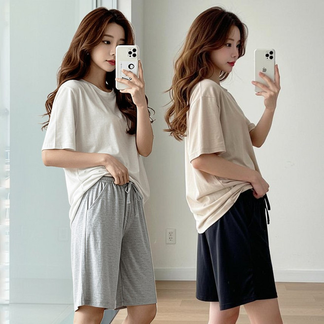 (1+1) 쿨쉐어 여성용 루즈핏 모달 찰랑 밴딩 반바지 홈웨어