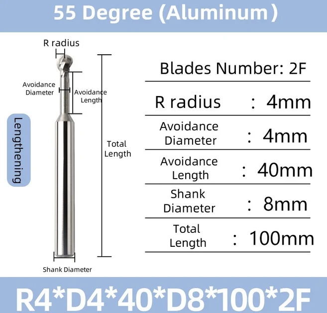 롤리팝 엔드 밀 R0.75-R10 T자형 아치 밀링 커터 볼 T-슬롯 솔리드 카바이드 CNC 알루미늄 2/3 플루트용, R4xD4x40xD8x100-2F, 1PC For Steel