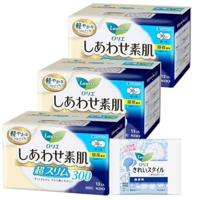 Amazon.co.jp 로리에 행복 맨살 초슬림 주야겸용 날개형 30cm 13개 × 3개 세트 (39개) + 증정