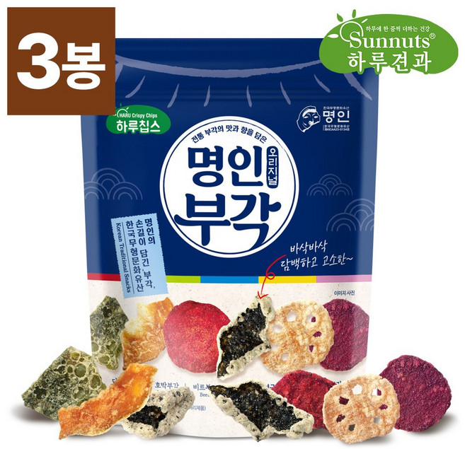 [빠삭칩]명인부각오리지널180gX3봉/부각 칩 원물간식 영양간식 주전부리, 3개, 180g