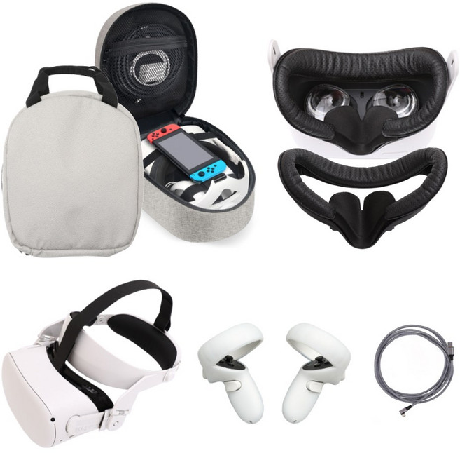 오큘러스 퀘스트2 올인원 가방 안면폼 컨트롤러 커버 스트랩 케이블 5종 세트, 1개, 오큘러스 풀세트 그립, 화이트