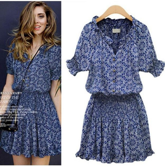 에쉬울프 여성 여름 반팔 프릴 넥 미니 채색 에스닉 무늬 원피스