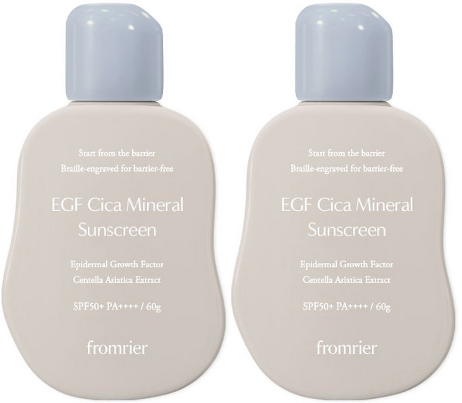 피부관리 화잘먹 쿨링프롬리에 비건 EGF 시카 무기자차 선크림 이지워시 자외선차단제 무자극 순한 썬크림 논코메도 - (7240046), 2개, 60g