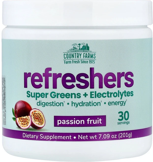 Country Farms Refreshers Super Greens + Electrolytes Passion Fruit 7.09 oz 201 g, Country Farms, Refreshers, Sup - 쿠팡