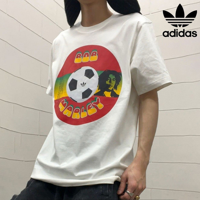 아디다스 오리지널 자메이카 밥 말리 그래픽 반팔 티셔츠 남녀 공용 화이트 KD2419