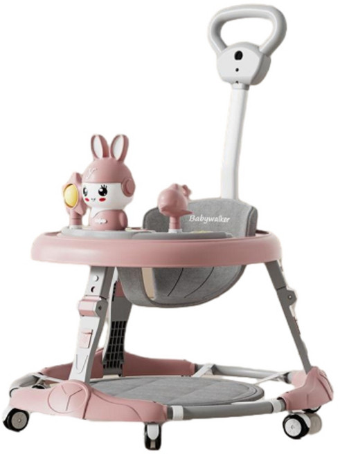 Babywalker 可調式學步車 防側翻 折疊設計, 粉色 靜音輪 燈光音樂 腳墊 推把, 1個