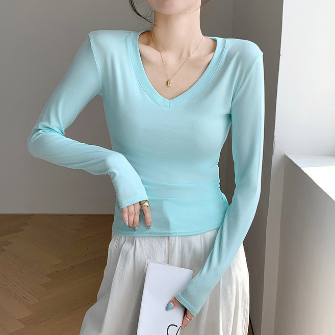 이매력 여성 [ 9컬러 ] 슬림핏 브이넥 스판 기본 이너 긴팔티 H255