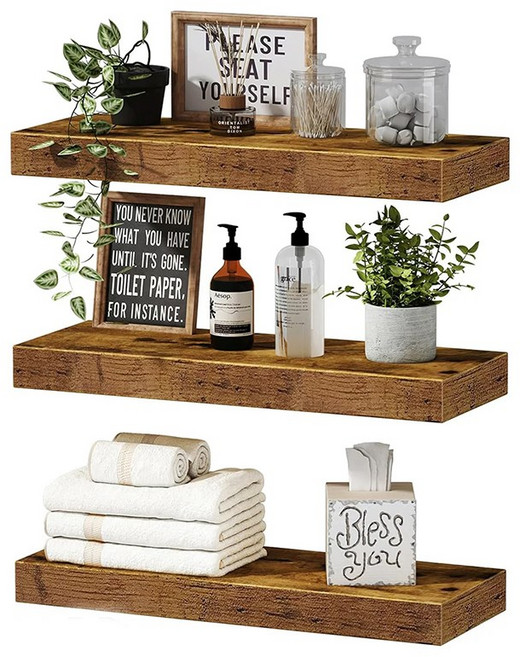 BIKASU 인테리어 벽선반 무지주 벽걸이 선반 3종 세트, 3단, 브라운