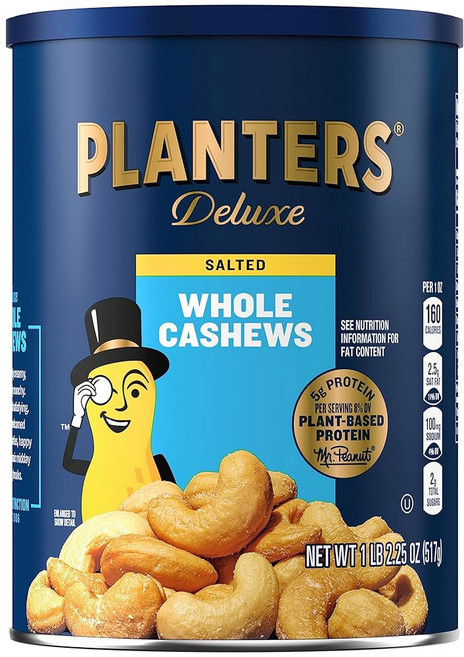플랜터스 디럭스 솔티드 통 캐슈 파티 스낵 식물성 단백질 간단한 방과 후 천일염으로 맛을 낸 구운 벌크 너트 코셔 1파운드 2.25온스 캐니스터, 1개
