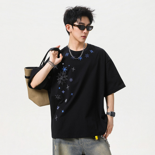 POMTOR 남성 스노우 프린팅 반팔티 순면 통기성 루즈핏 빅사이즈 여름용