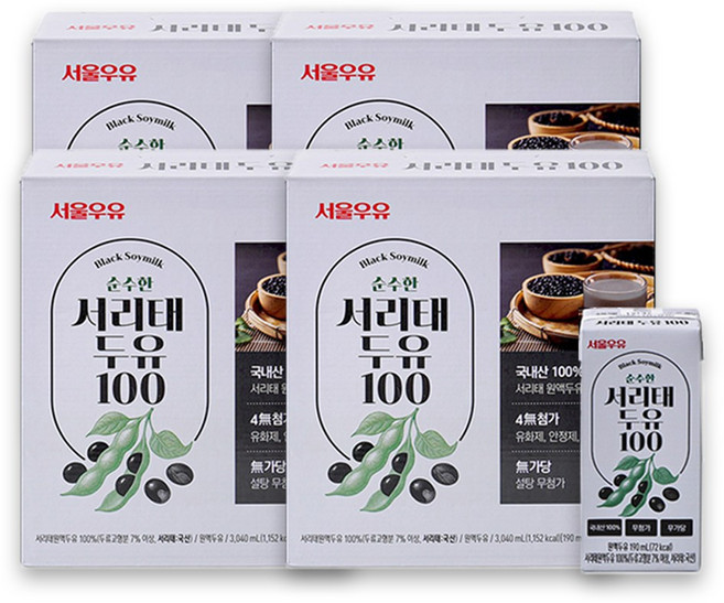 서울우유 순수한 국산콩 서리태 두유 100, 64개, 190ml