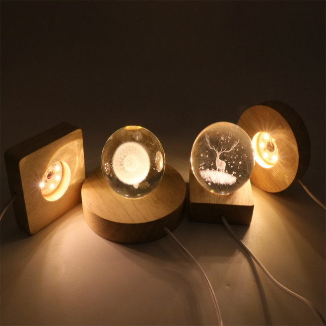 LED 원목받침 스탬드 아크릴 USB 조명 무드등, 원형 6cm 웜화이트