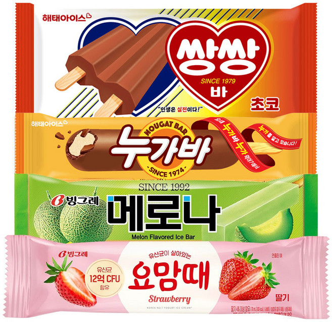 빙그레 아이스크림 바 모음(쌍쌍바10 누가바10 메로나 메론10 요맘때바 딸기10), 1개, 70ml