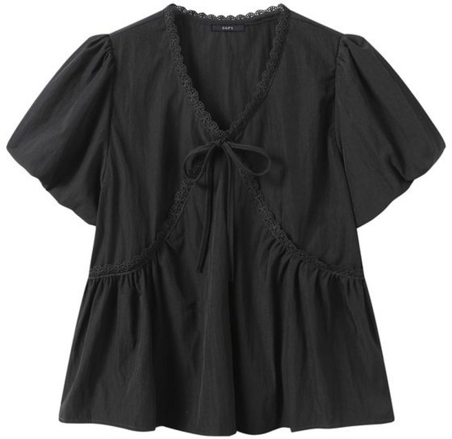 GGPX 리본 포인트 브이넥 소매 벌룬 반팔 블라우스 (GQBBA003D)