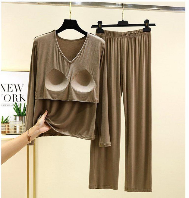 Seofst 여성 모달 브라캡 V넥 긴팔 홈웨어 세트 가을 루즈핏 잠옷