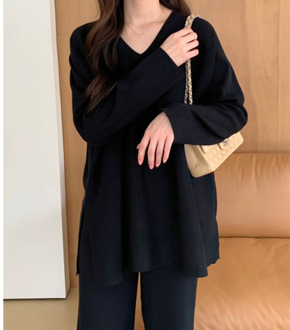 여성용 빅사이즈 오버핏 롱기장 상하의세트 니트 긴팔 데일리룩 루즈핏 브이넥니트세트