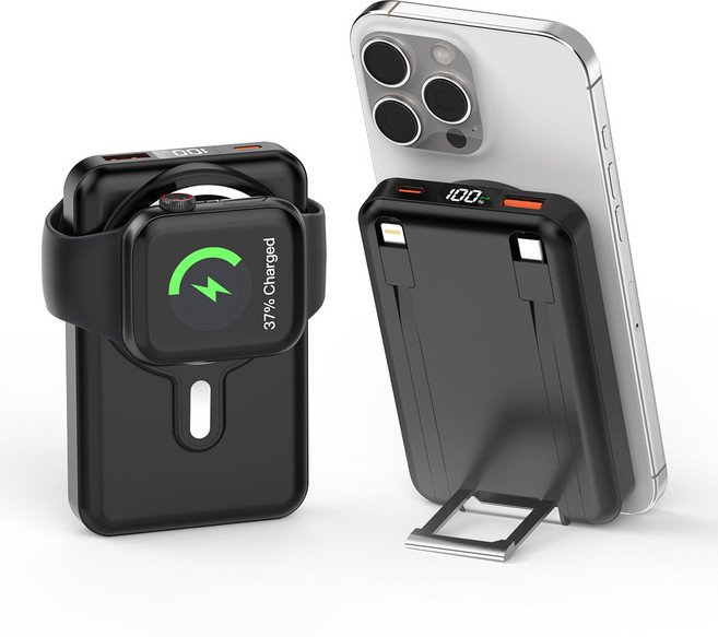 대용량 일체형 케이블 무선충전 잔량표시 고속충전 맥세이프 보조배터리 20000mAh, 블랙, 블랙